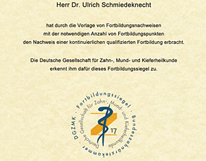 2017 Fortbildungszertifikat DGZMK Dr. Schmiedeknecht